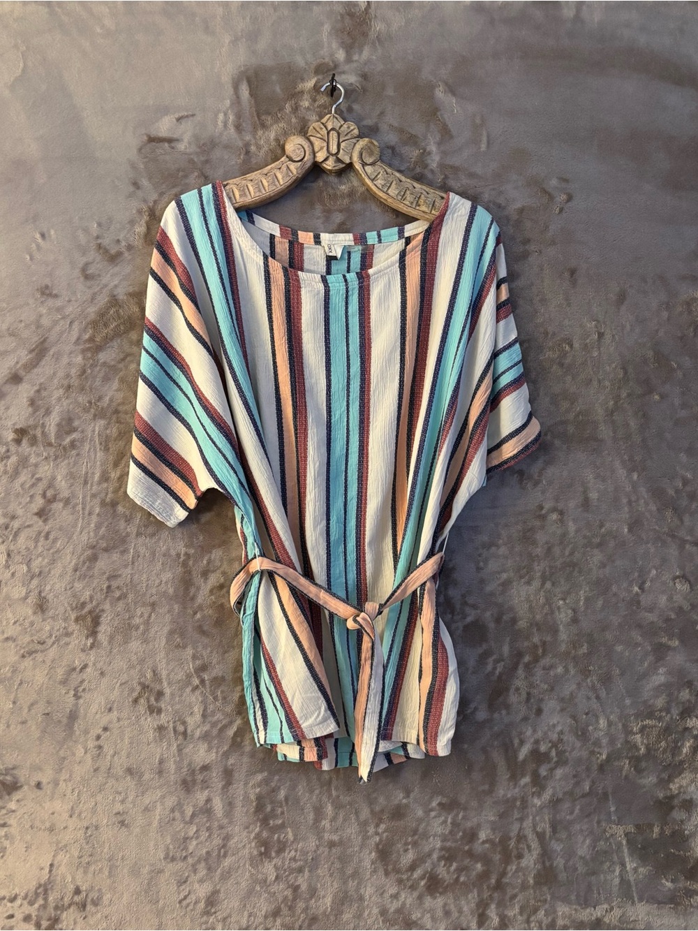 Roxy Striped Short Sleeve Tunic Self Tie in Aqua, Cream, Tan and Black Women’s S